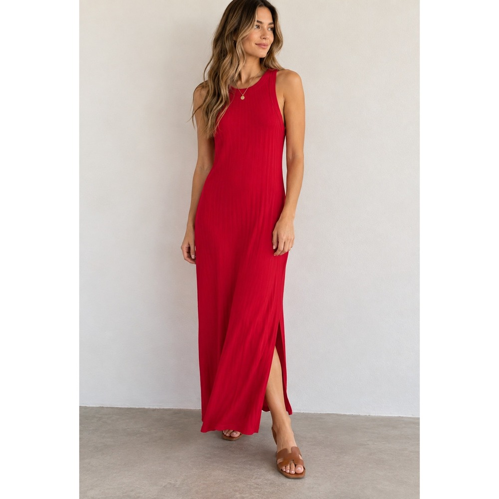 Loft Womens XL Red Ribbed Knit Sleeveless Maxi Dress Side Slit NWT 609050